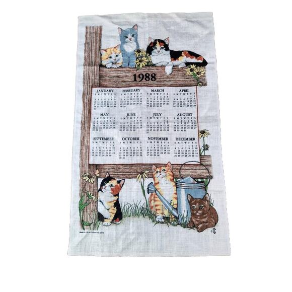 Vintage 1988 Cat Linen Kitchen Calendar Cottagecore Maximalism Grandma - Picture 1 of 4